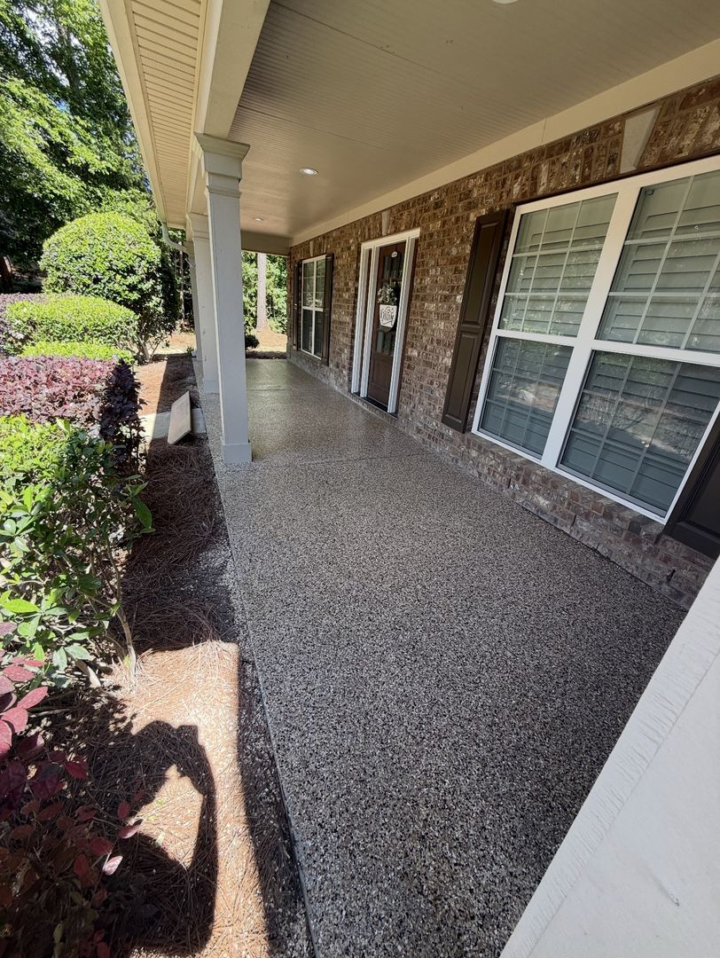 Tan flake epoxy front porch coating on a brick home in Columbus, GA